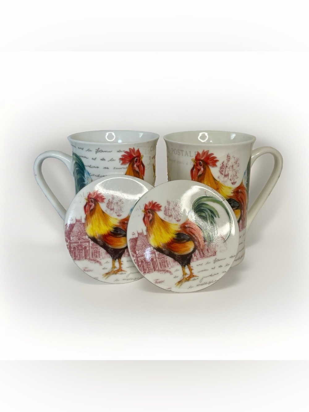 Vintage Home Essentials Set Of 2 Mugs Rooster Hen Coffee Tea Cups Lids Farmhouse
